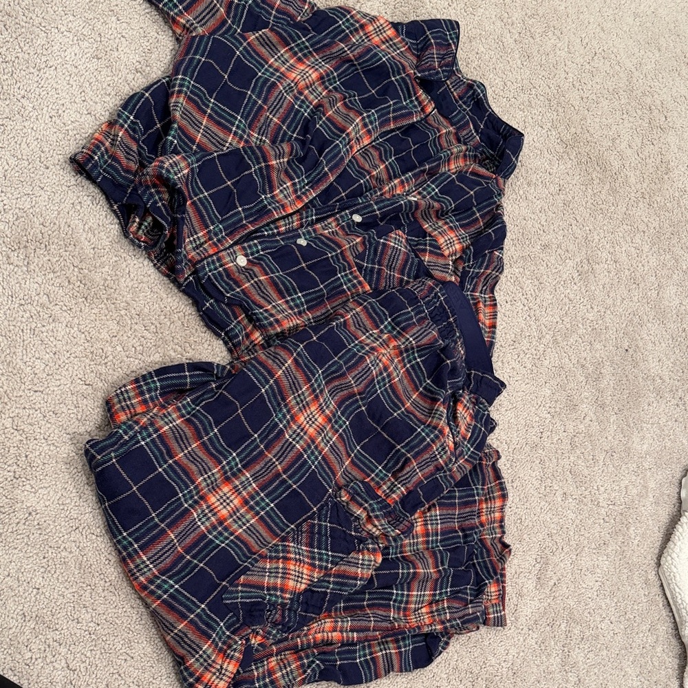 Aerie Navy and Orange Plaid Women's Cargo Shorts